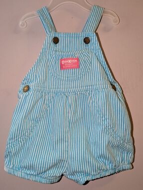 Vintage OshKosh Teal White Railroad Toddler Girls VestBak Overalls Shortalls 90s